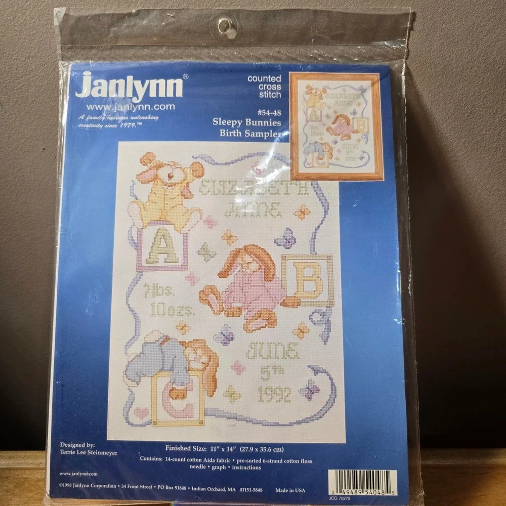 Janlynn Sleepy Bunnies Birth Sampler Counted Cross Stitch Kit 54-48 Vintage 1998